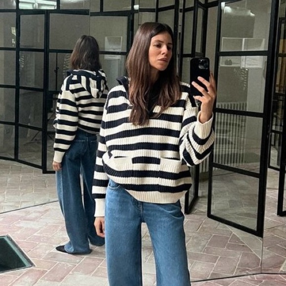 Zara Oversized Women’s Chunky Striped Hooded Cotton Sweater Sz S - Picture 1 of 10